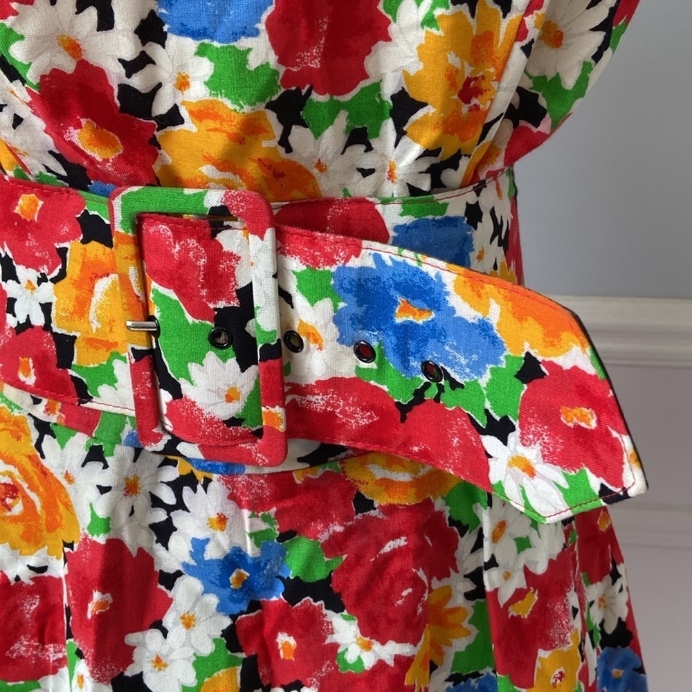 Vintage Paris Sport Club Skater Dress Mini Floral Belted Size 10 A-Line Black - Picture 8 of 15